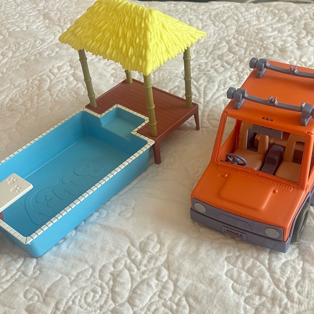 Orange Adventure Toy Car with Blue Pool and Yellow Hut